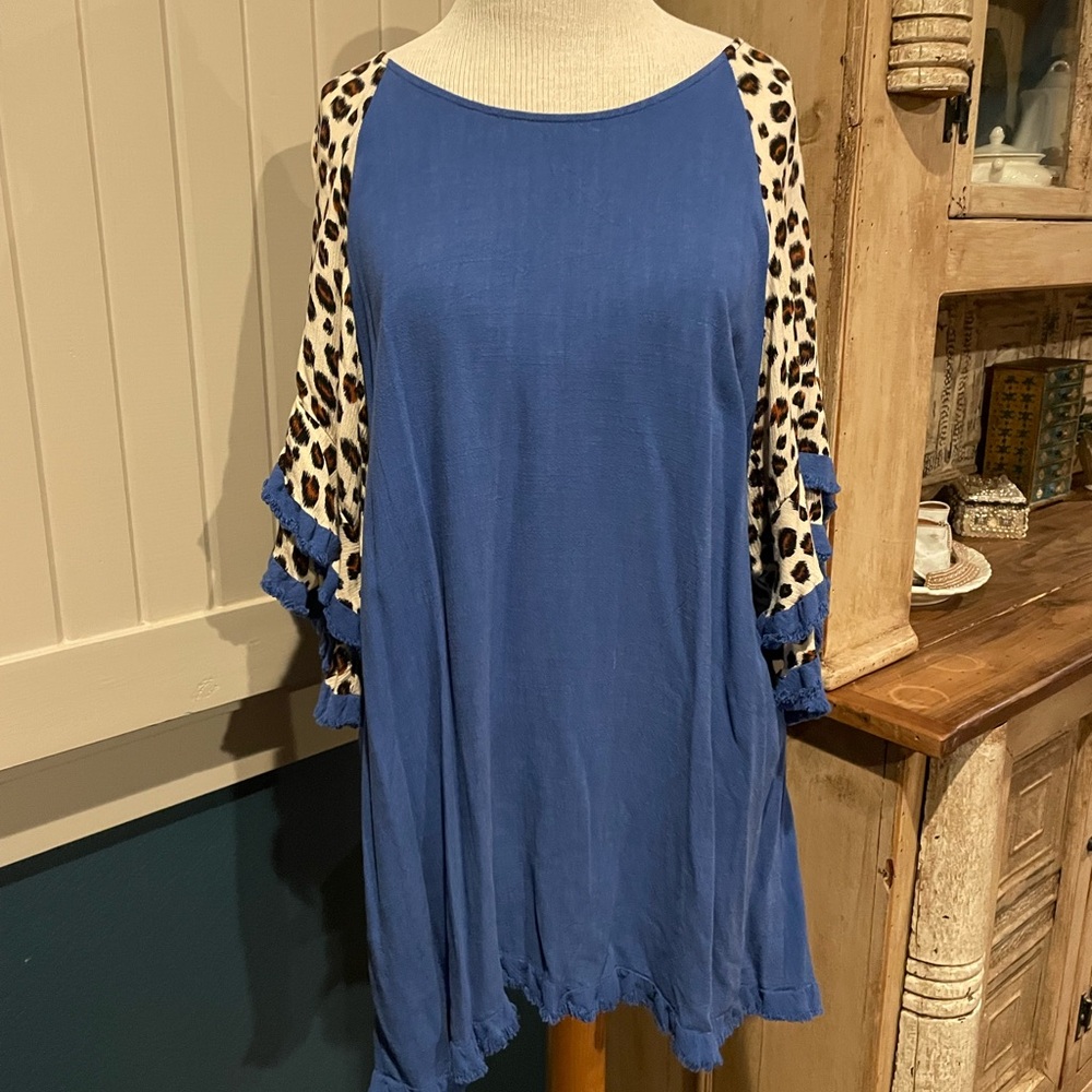 Umgee Royal Blue Tunic with Leopard Print Sleeves